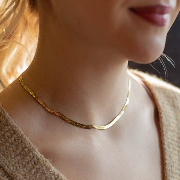 Gold Herringbone Chain Necklace - 16"