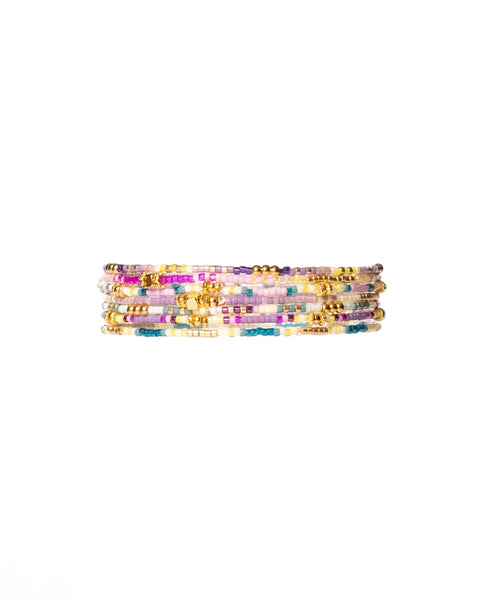 7 Miyuki Beaded Stretch Bracelets - Aqua / Purple / Yellow