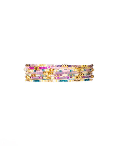 7 Miyuki Beaded Stretch Bracelets - Aqua / Purple / Yellow