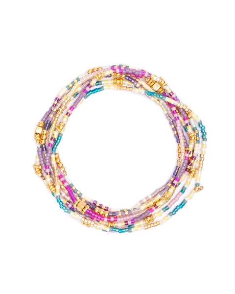 7 Miyuki Beaded Stretch Bracelets - Aqua / Purple / Yellow