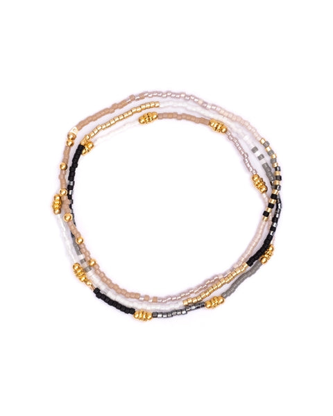 3 Miyuki Beaded Stretch Bracelets - Black + Pink + White