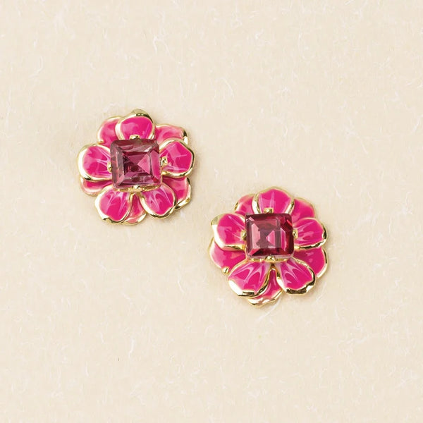 Small Enamel Flower Earring - Fuchsia / Gold