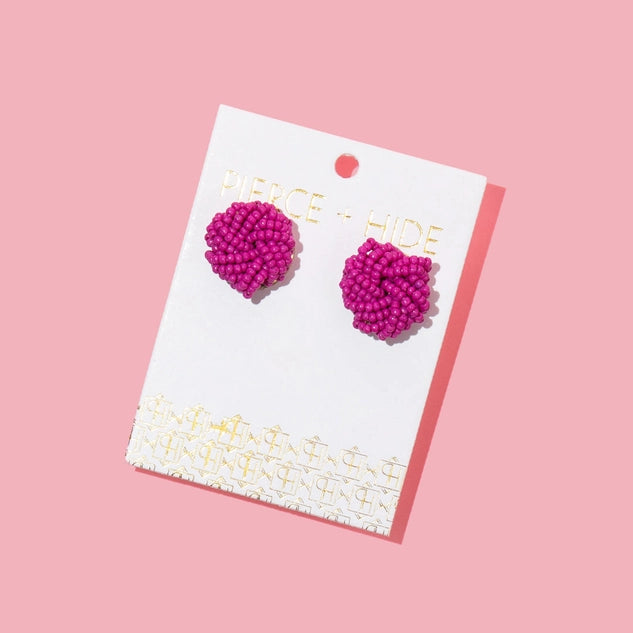 Beaded Knot Stud - Hot Pink