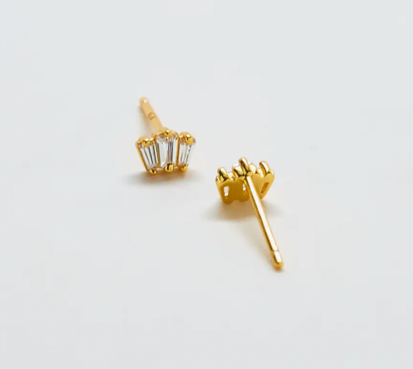 White Trio Baguette Gold Studs