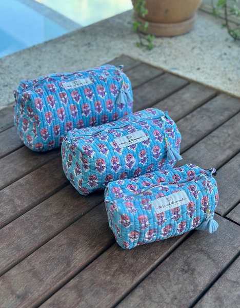 Block Printed Toiletry/Travel Bags (Set of 3) - Blue