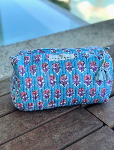 Block Printed Toiletry/Travel Bags (Set of 3) - Blue