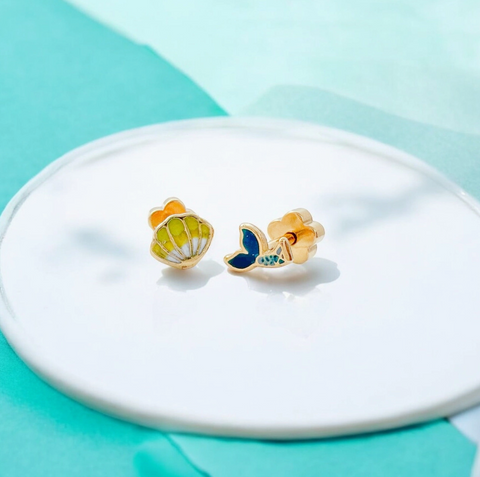 Mermaid Tail & Shell Tiny Stud Kids Earrings