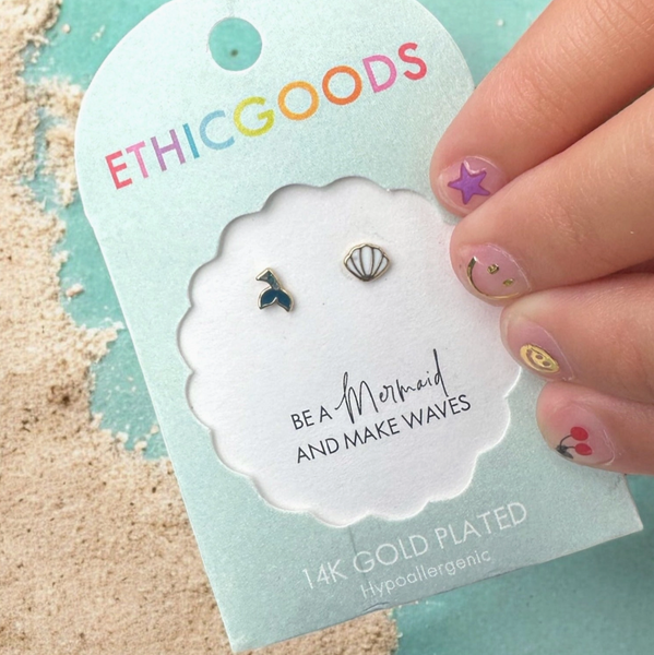 Mermaid Tail & Shell Tiny Stud Kids Earrings