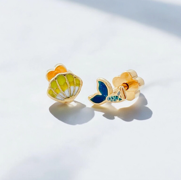 Mermaid Tail & Shell Tiny Stud Kids Earrings