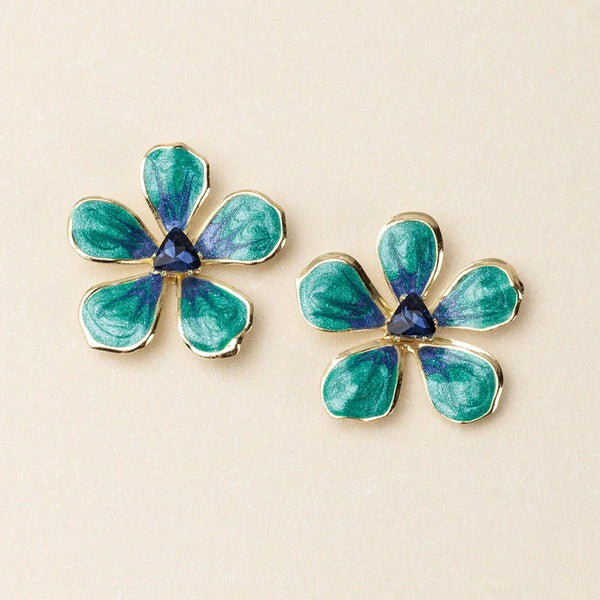 Large Enamel Flower Earring - Sea Green / Gold