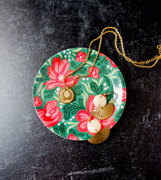 Trinket/Jewelry Dish -- Red and Green Floral