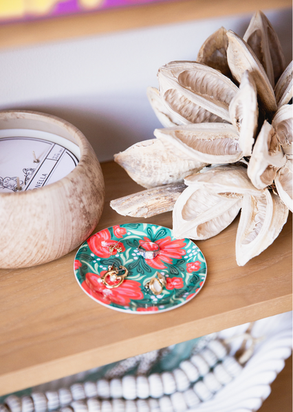 Trinket/Jewelry Dish -- Red and Green Floral